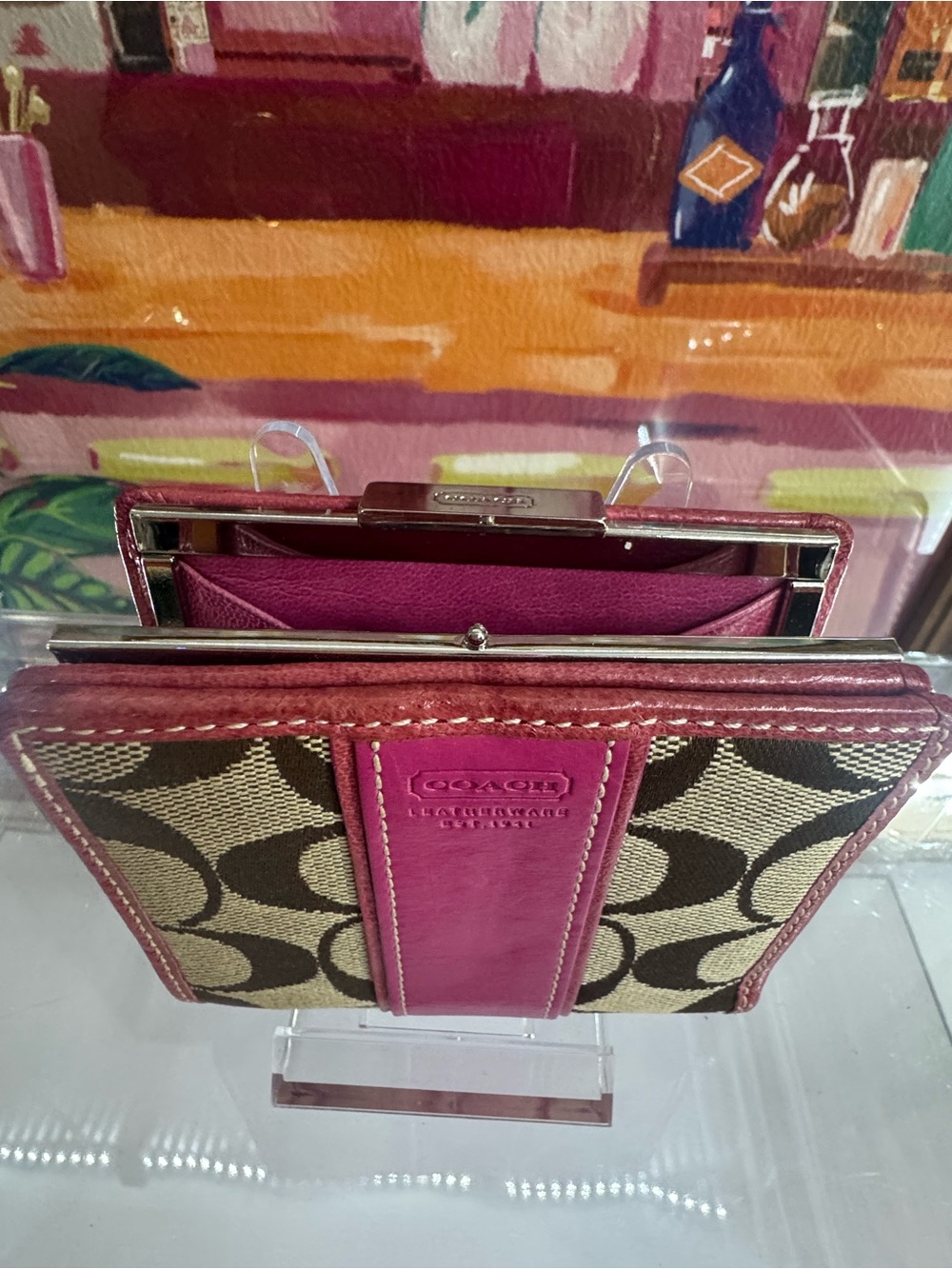 Coach KISS LOCK Signatures Canvas Wallet & Coin Purse with Fuchsia Leather - Picture 2 of 11